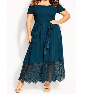 City Chic Women’s Plus Size Dress Maxi Embroidered Hem Teal Size M/18